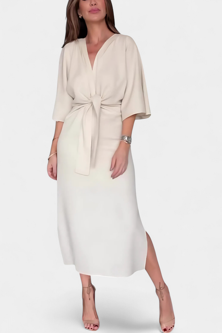 Natalija - Sproščena obleka z V-izrezom in sprednjim vozlom