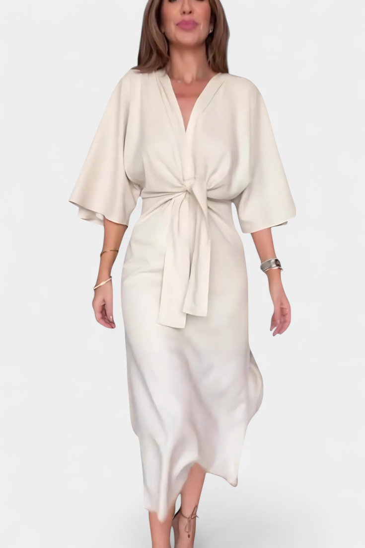 Natalija - Sproščena obleka z V-izrezom in sprednjim vozlom