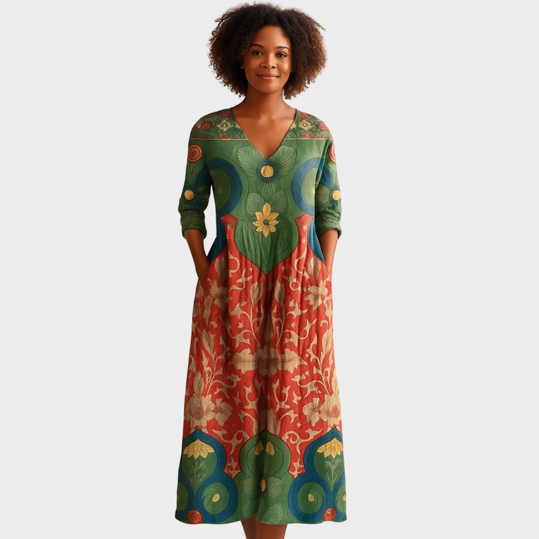 Klara - Dolga obleka s retro cvetličnim vzorcem