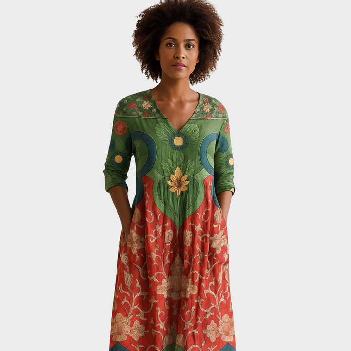 Klara - Dolga obleka s retro cvetličnim vzorcem