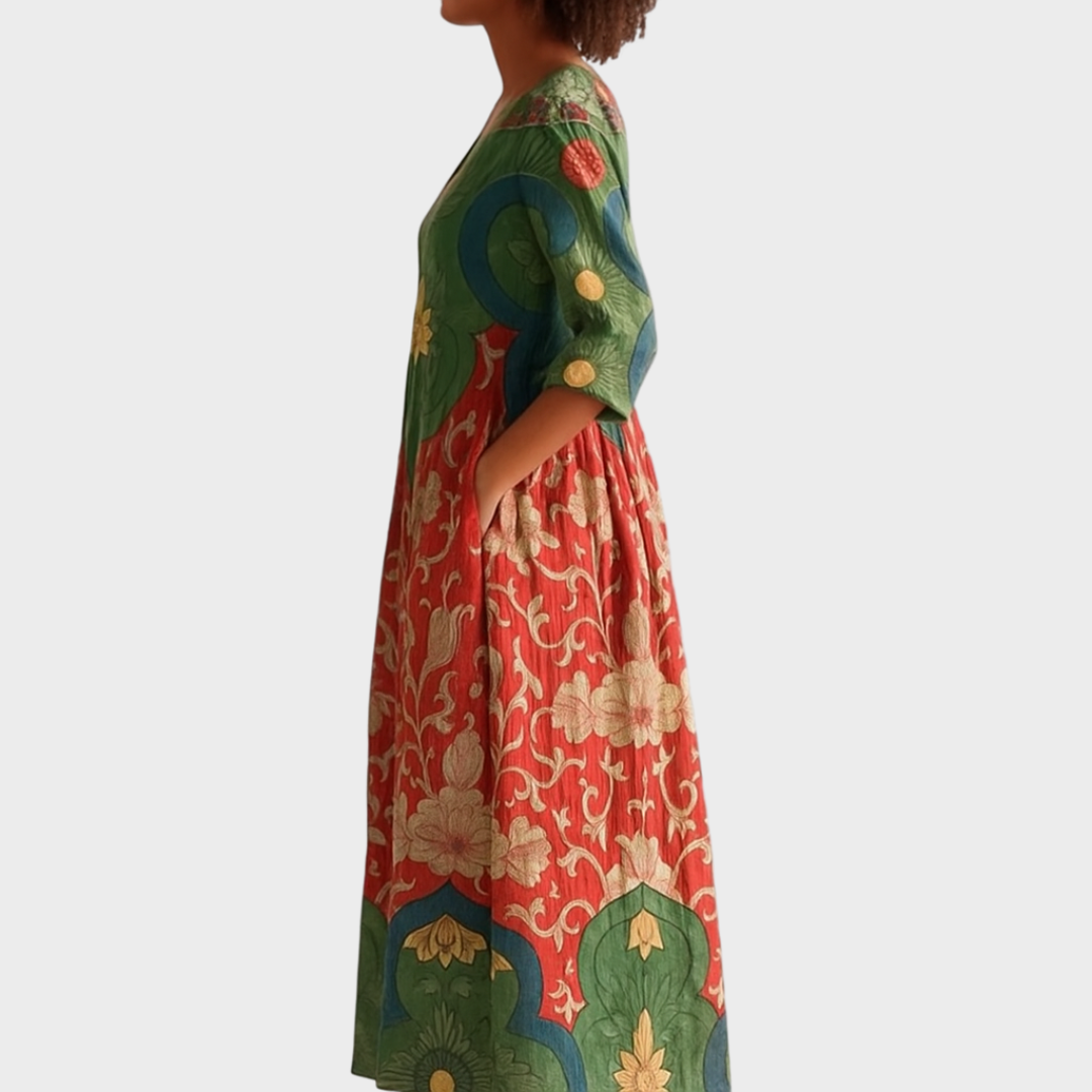 Klara - Dolga obleka s retro cvetličnim vzorcem