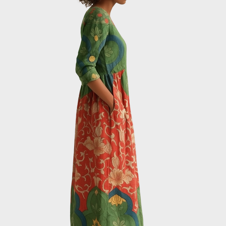 Klara - Dolga obleka s retro cvetličnim vzorcem