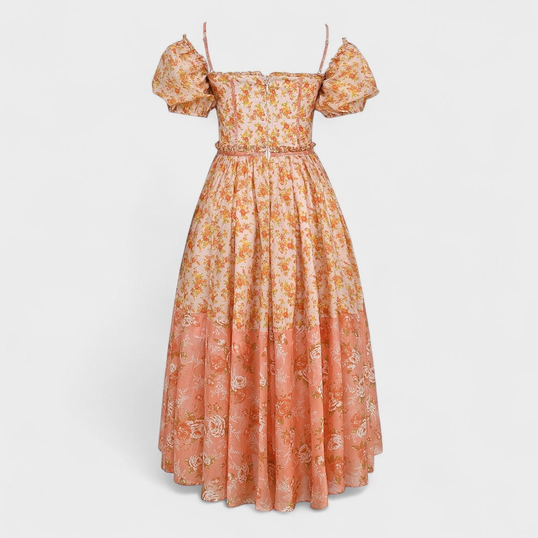 Valentina - Koralna Cvetlična Obleka