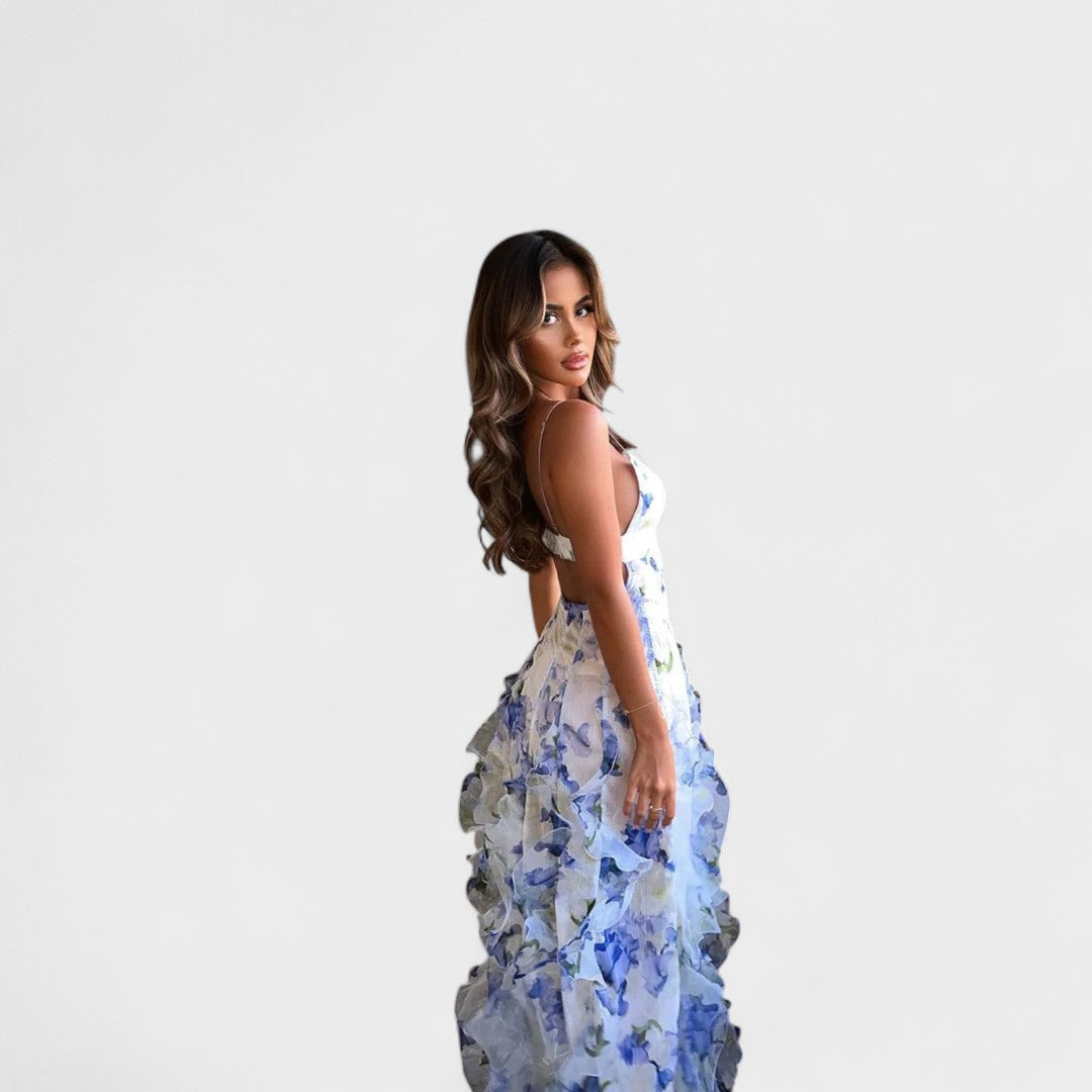 Mirjana - Dolga cvetna obleka s čipkastimi volani