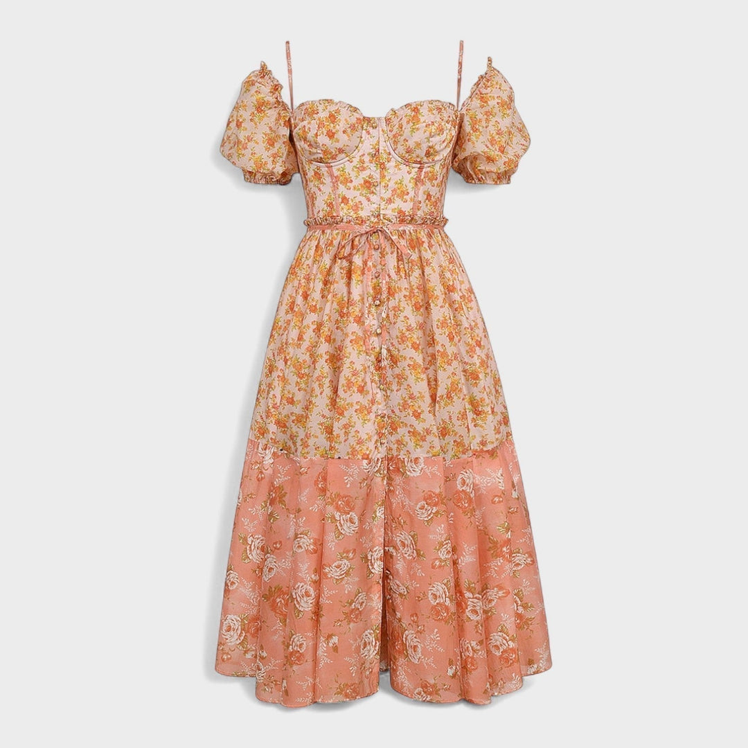 Valentina - Koralna Cvetlična Obleka