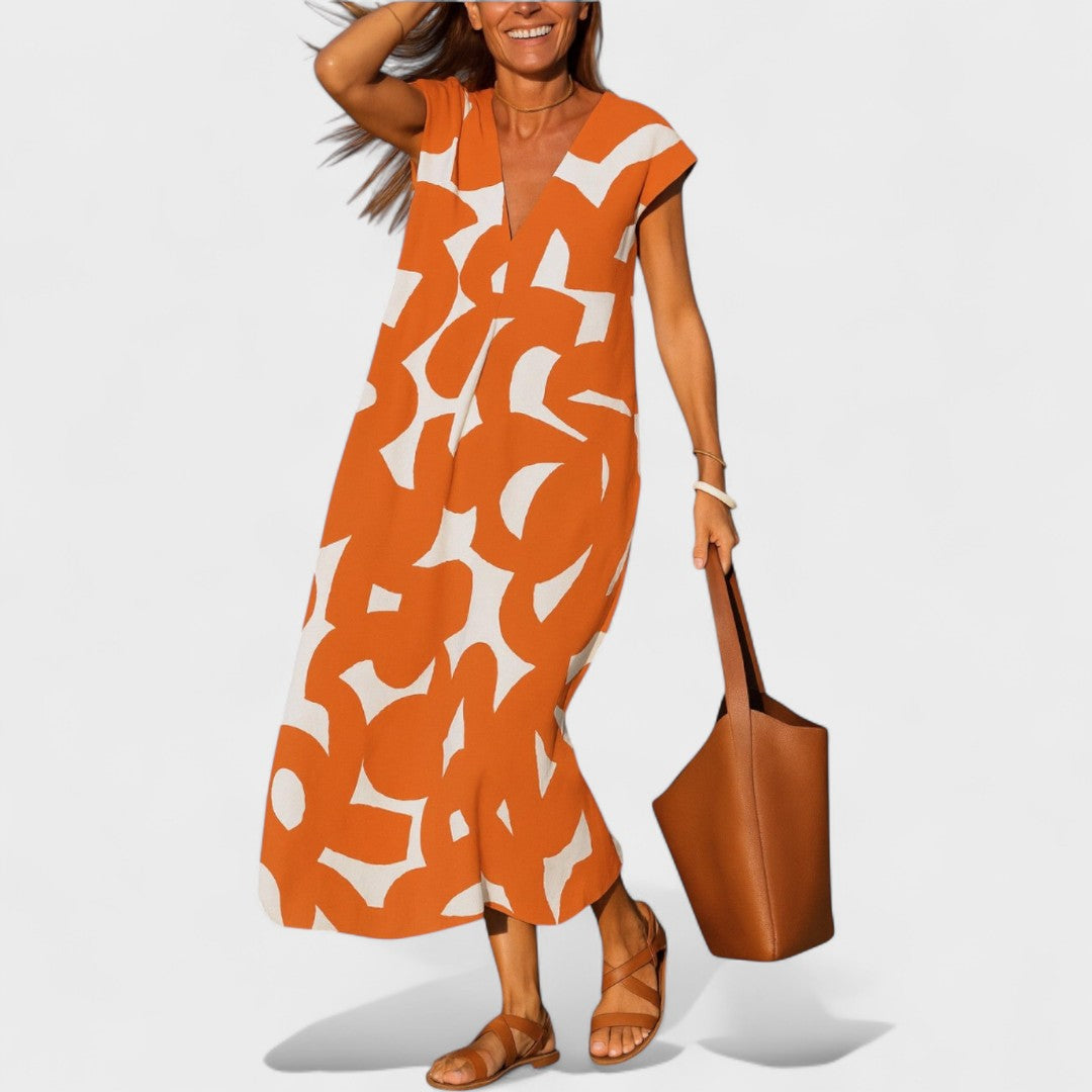 Magdalena - Dolga Obleka z Umetniškimi Motivom