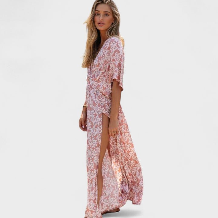 Vilma - Roza boho obleka z razporkom