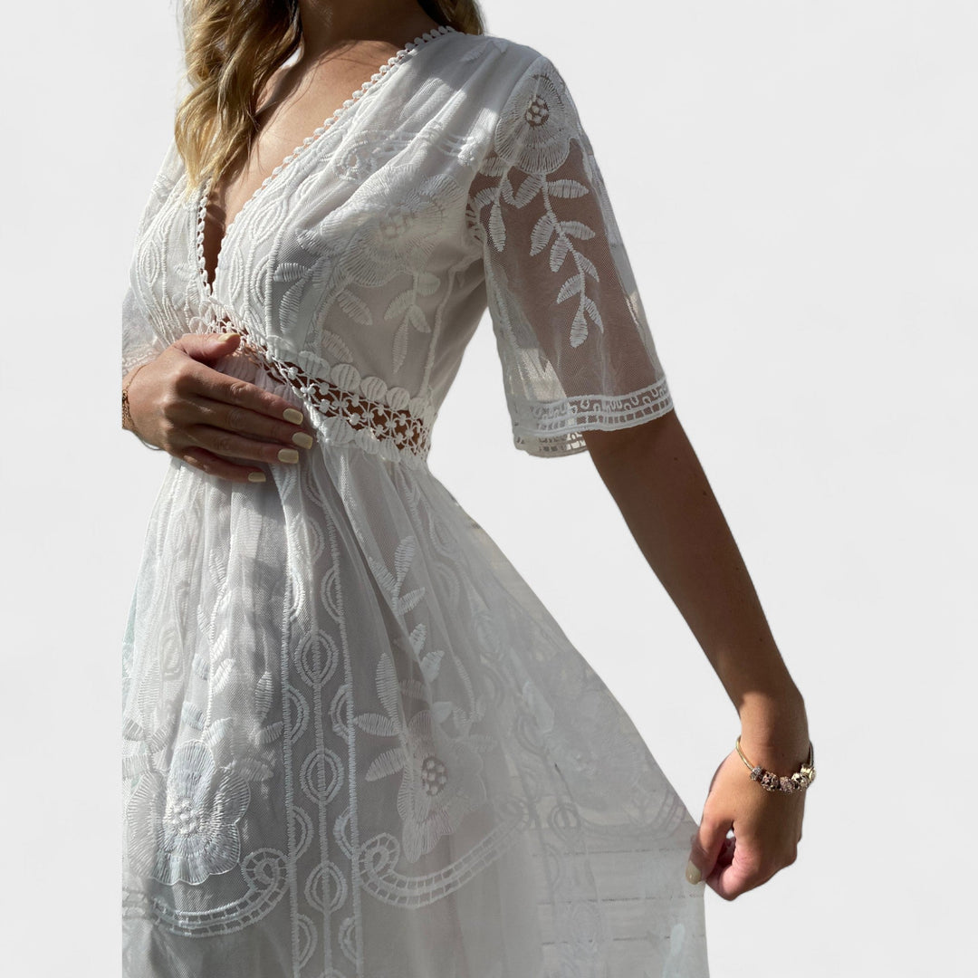 Marinka - Elegantna Dolga Boho Obleka z Čipko