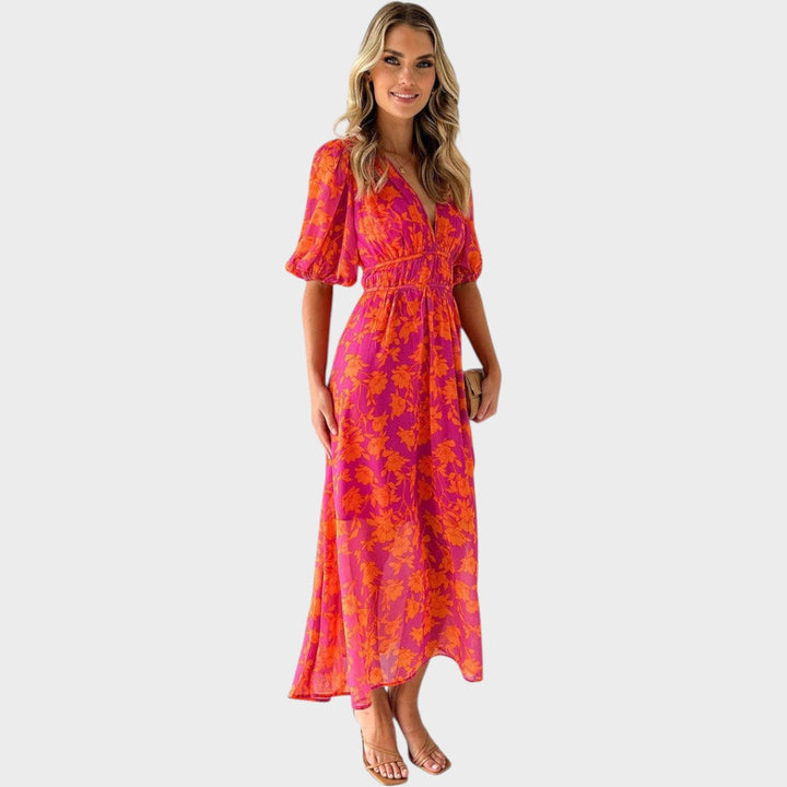 Ranka - Cvetna midi obleka z nabranimi rokavi in V-izrezom