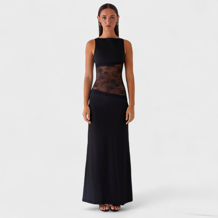 Lucinda - Dolga črna čipkasta obleka