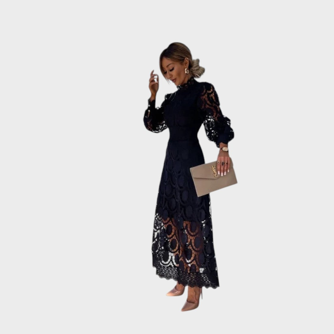 Danica - Čipkasta obleka s pufastimi rokavi in visokim ovratnikom