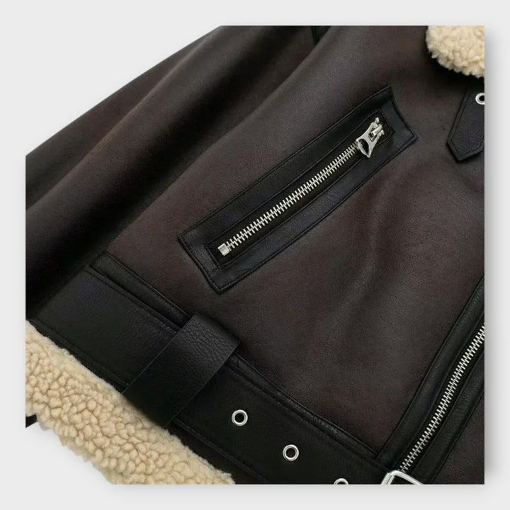 Špela - Kratka usnjena jakna s krznom in pasom