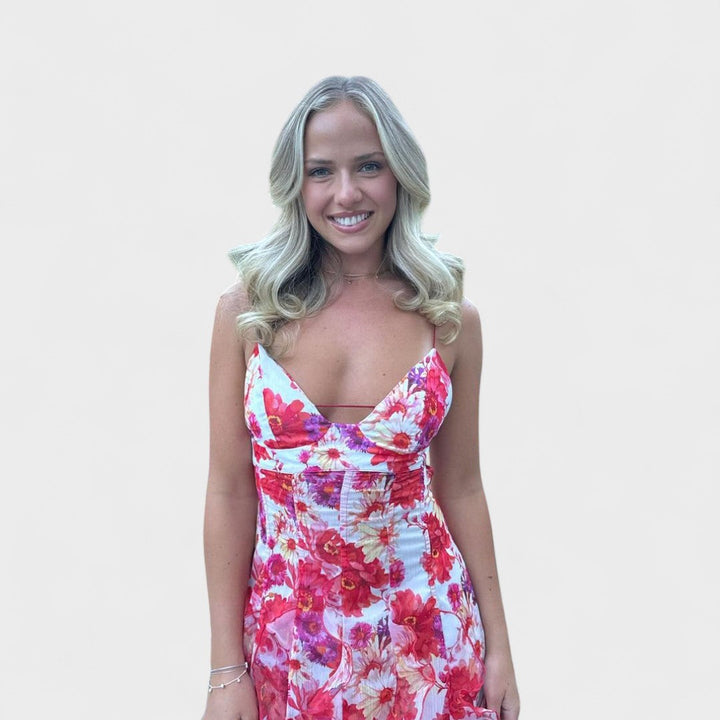 Mirjana - Dolga cvetna obleka s čipkastimi volani