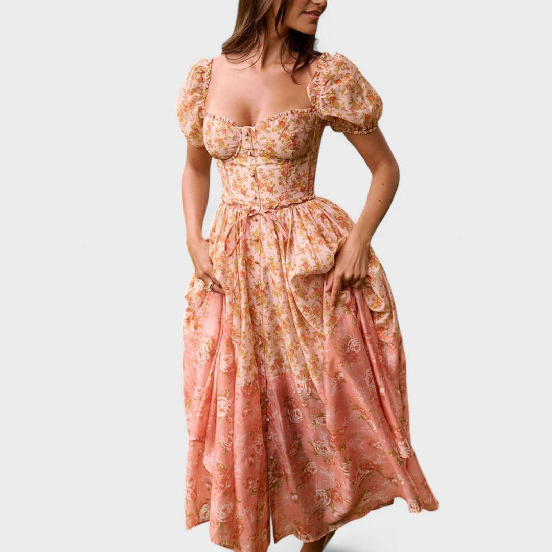Valentina - Koralna Cvetlična Obleka