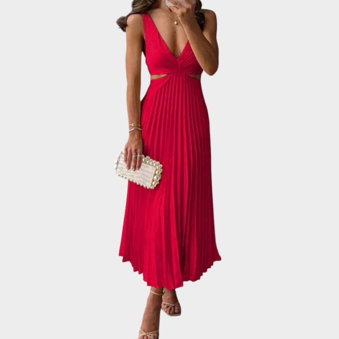 Katarina - Elegantna Obleka z V-Izrezom in Plisiranim Dnom