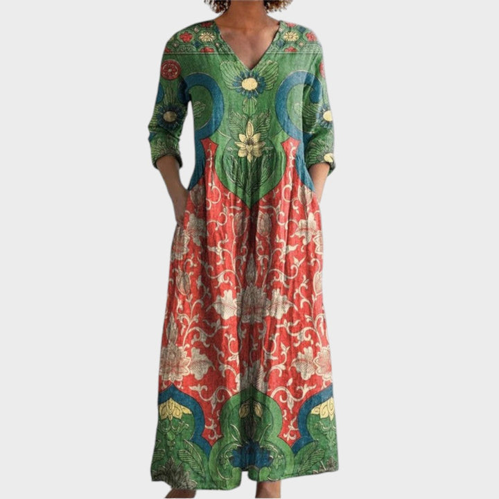 Klara - Dolga obleka s retro cvetličnim vzorcem