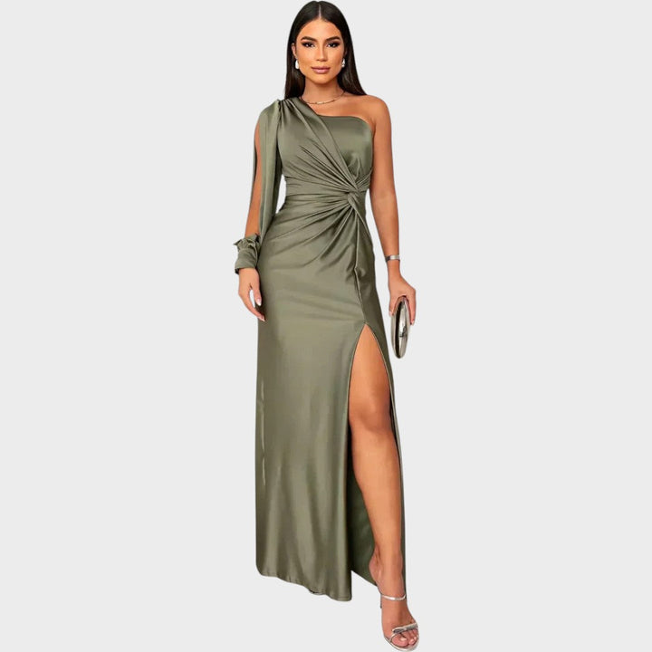 Marica – Elegantna dolga obleka z enim ramenskim trakcem