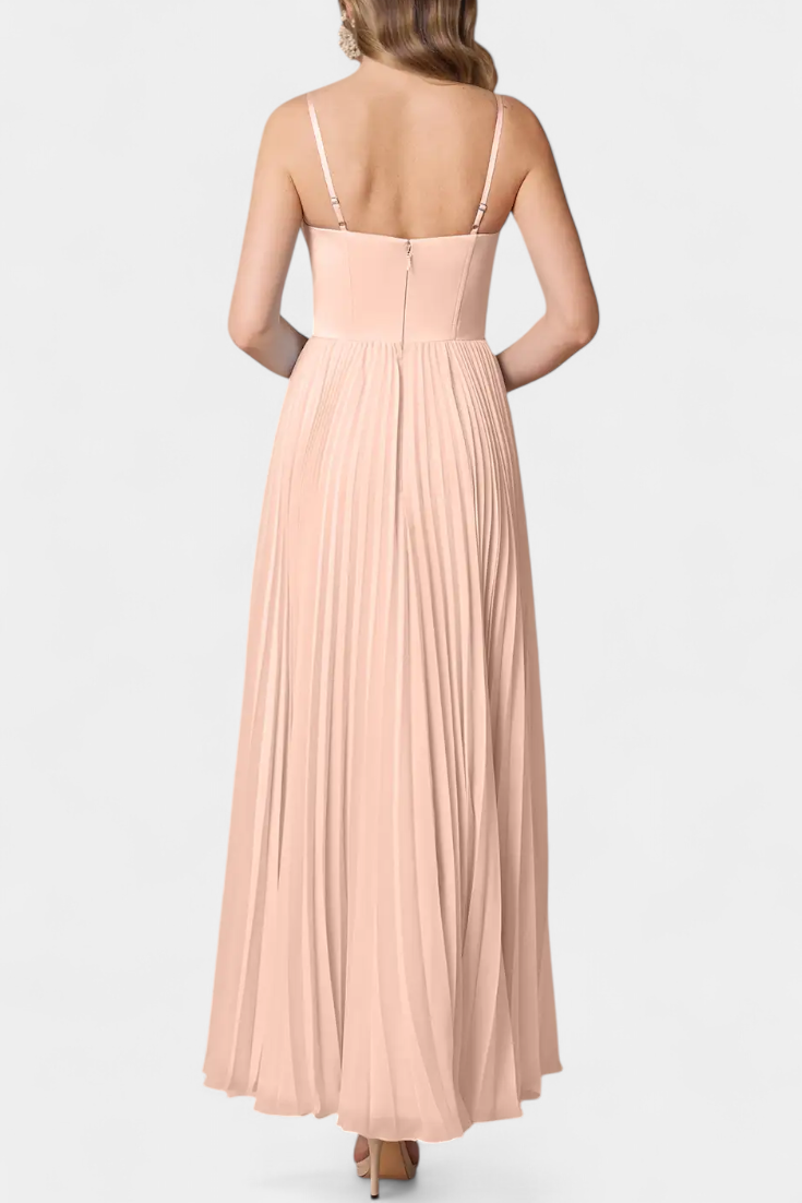 Nives - Plisirana šifonska obleka s srčastim dekoltejem in oblikovanim korzetom