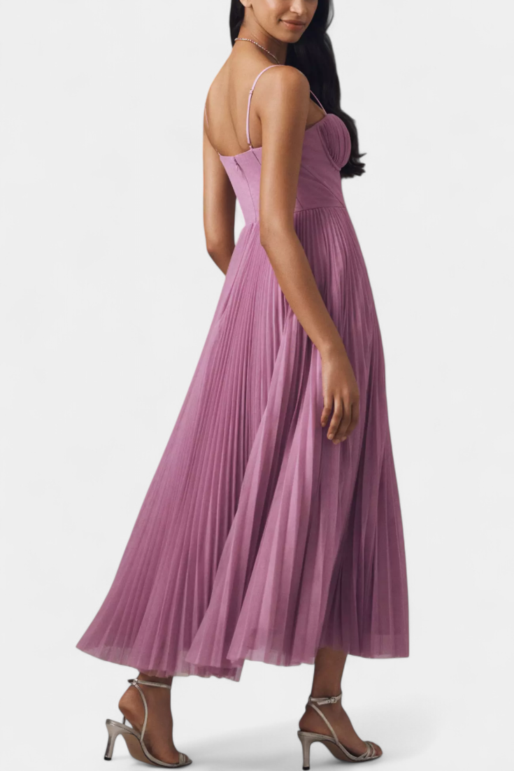 Nives - Plisirana šifonska obleka s srčastim dekoltejem in oblikovanim korzetom