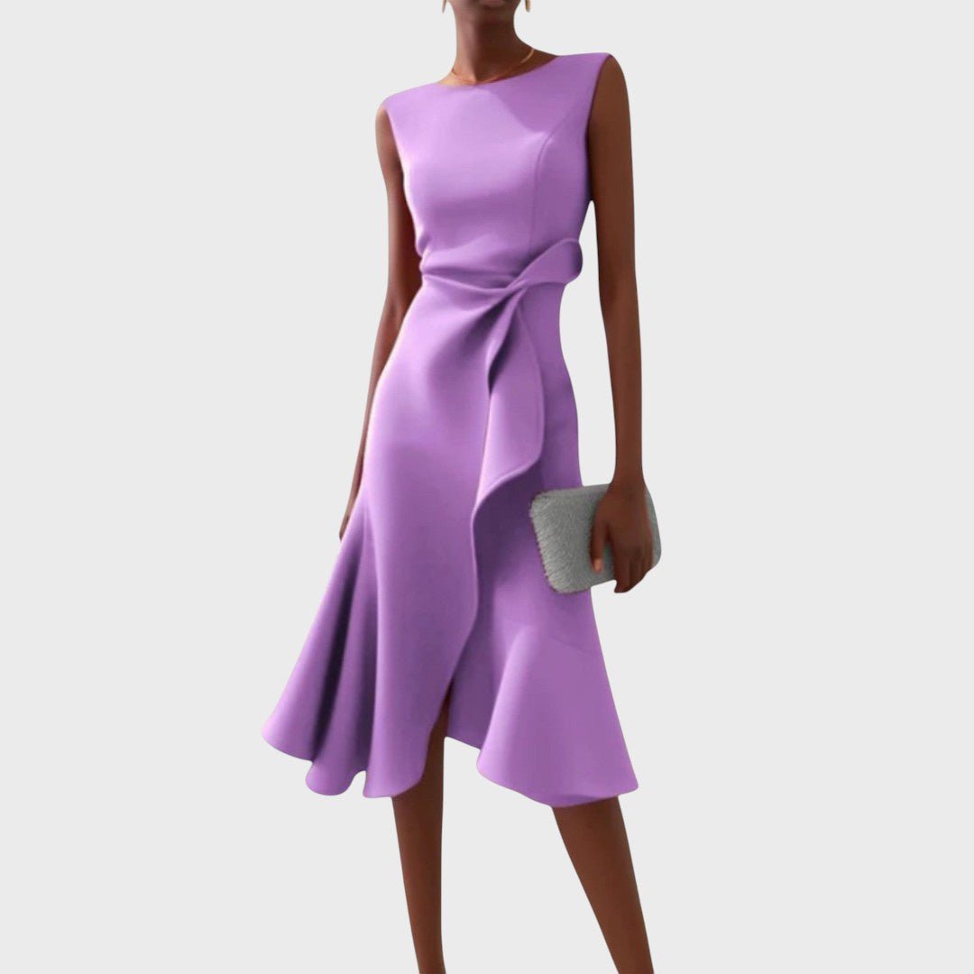 Katarina - Asimetrična Midi Obleka Nabranega Dizajna